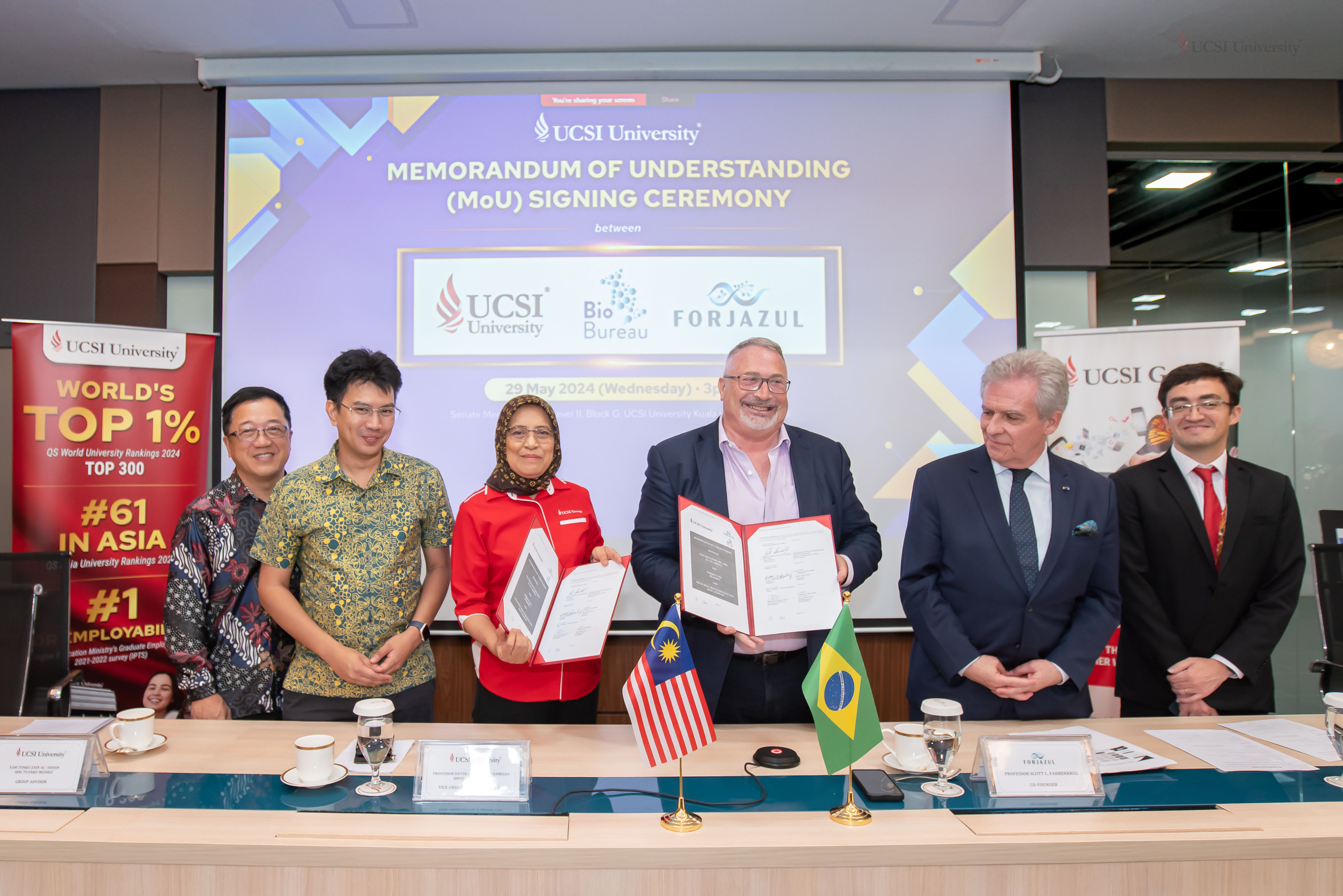 From left: UCSI Group executive chairman and founder Dato’ Peter Ng, UCSI Group advisor Yang Amat Mulia Tunku Zain Al-'Abidin Tuanku Muhriz, UCSI Group CEO and UCSI University vice-chancellor Prof Datuk Ir Ts Dr Siti Hamisah Binti Tapsir, Forjazul Inc co-founder Prof Scott Fahrenkrug, Ambassador of Brazil to Malaysia His Excellency Ary Quintella, and second secretary of the Embassy of Brazil in Malaysia Fabio Baptista, during the signing of the MoU.